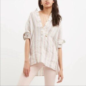 Roots Canada Linen Tunic Top XS Striped Peach White Tan Long Sleeve Beachy